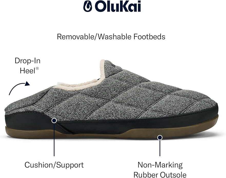 OLUKAI Puku'i Men's Fleece Slippers, Comfortable Activewear Slippers, Premium Full-Grain Leather & Jersey Knit, Drop-In Heel & All-Day Comfort