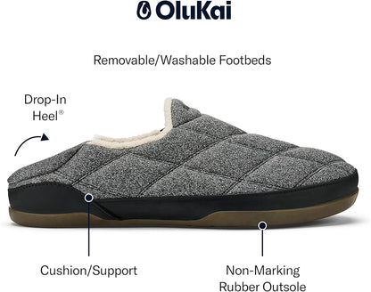OLUKAI Puku'i Men's Fleece Slippers, Comfortable Activewear Slippers, Premium Full-Grain Leather & Jersey Knit, Drop-In Heel & All-Day Comfort