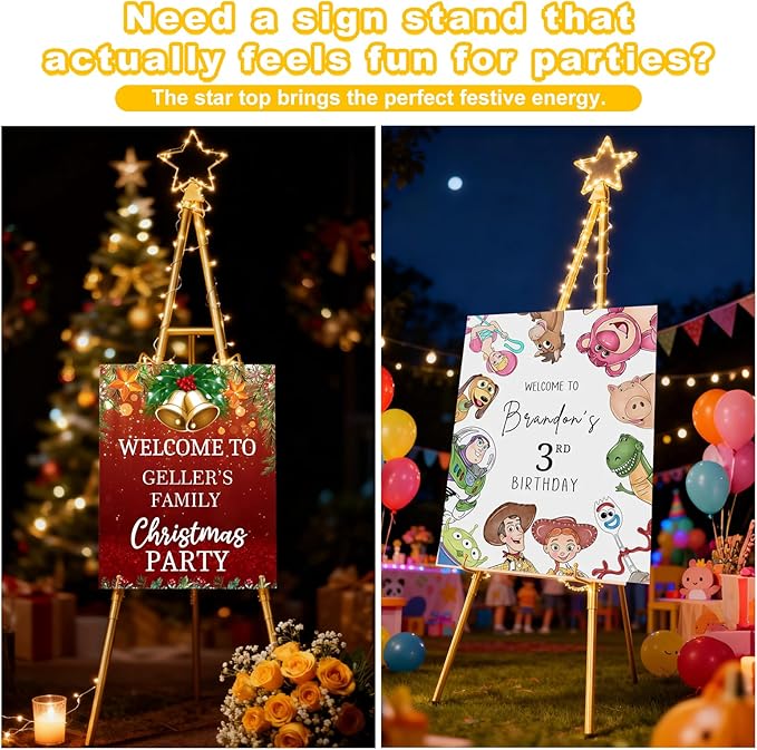 Interchangeable Bow & Star Top Gold Easel Stand for Sign, 62"–47" Height Adjustable Heavy Duty Wedding Easel Stand with 3 Display Modes — Perfect for Welcome Signs, Christmas Decor, Parties & Events