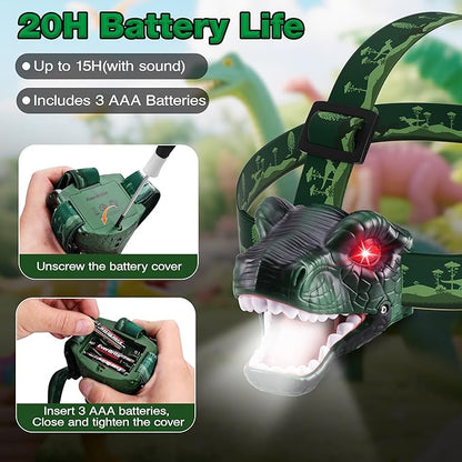 EverBrite Kids Dinosaur Headlamp, T-Rex LED Head Lamp with Roar & Silent Mode, Batteries Included, Fun Hands-Free Headlight for Boys & Girls, Great Gift for Birthday & Christmas, Dino Toy