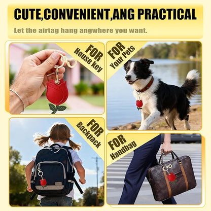 Leather Keychain for Airtag, Cute Protective Keychain Holder Compatible with Apple Air Tag,GPS Item Tracker Case Cover for Keys,Bags,Pets,Luggage(Rose)
