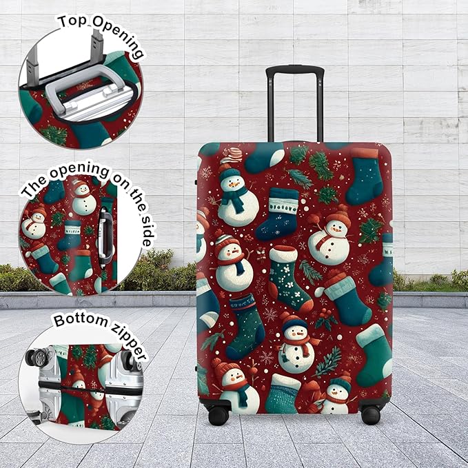 Christmas Luggage Cover - Allover Green Socks and White Snowmen Pattern on Dark Background, Stretchable Suitcase Protector for 24 26 Inch Travel Bags