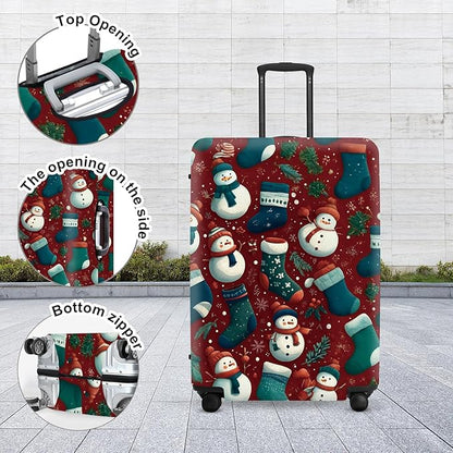 Christmas Luggage Cover - Allover Green Socks and White Snowmen Pattern on Dark Background, Stretchable Suitcase Protector for 24 26 Inch Travel Bags