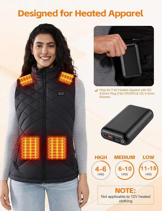 20000mAh Heated Vest Battery Pack – 7.4V DC 4.0mm & USB/Type-C Output Compatible with Heated Apparel and Most USB Heated Vest, Up to 13H Heat, LED Display