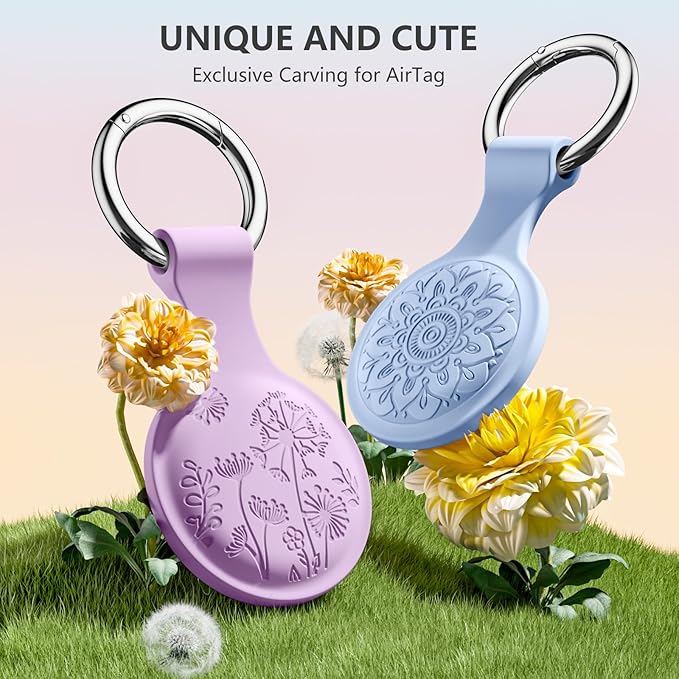 Lerobo Flower Engraved for AirTag Holder Keychain Silicone AirTag Case Cover Anti-Scratch Air Tags 4 Pack for Cat Collar Anti-Lost Air Tags Accessories for Bags Keys Backpack Luggage Finder Tracker