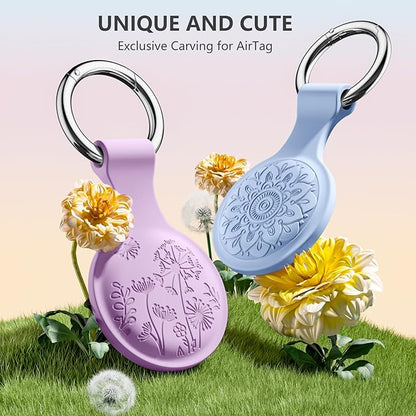 Lerobo Flower Engraved for AirTag Holder Keychain Silicone AirTag Case Cover Anti-Scratch Air Tags 4 Pack for Cat Collar Anti-Lost Air Tags Accessories for Bags Keys Backpack Luggage Finder Tracker
