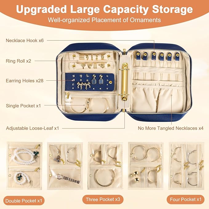 Travel Jewelry Case Organizer for Women, Jewelry Storage Book with Small Pouch, Travel Jewelry Bag Case for Traveling Necklace, Earrings, Rings, Bracelet Organizer (Blue)