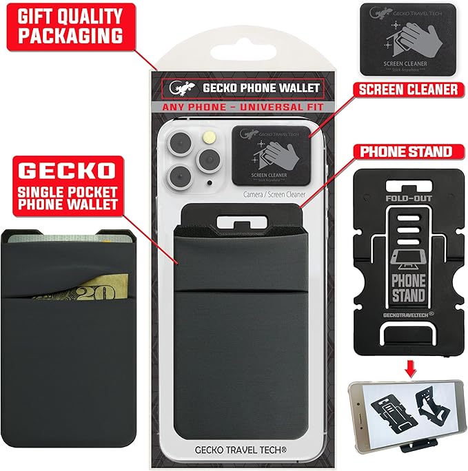 Gecko Travel Tech Double Pocket - Adhesive Card Holder - Cell Phone Pouch - Stick on Spandex Pocket - Carry Credit Cards and Cash (GRAY-BLANK-)