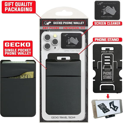 Gecko Travel Tech Double Pocket - Adhesive Card Holder - Cell Phone Pouch - Stick on Spandex Pocket - Carry Credit Cards and Cash (GRAY-BLANK-)