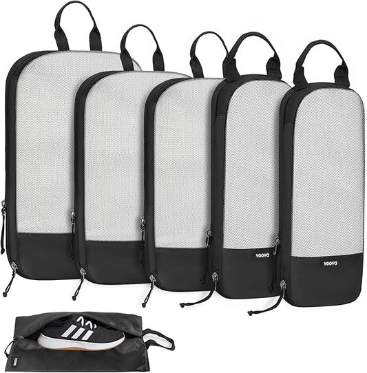 Voova 6 Set Compression Packing Cubes, Travel Accessories Expandable Packing Organizer Bags Set for Carry on Suitcase, Durable Luggage Packing Cubes for Travel Essentials, Black