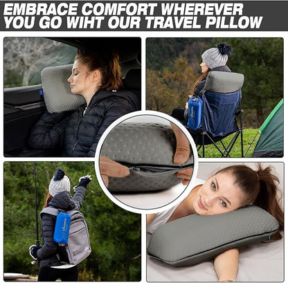 alkamto Travel & Camping Comfortable Memory Foam Pillow – Easy to Carry Portable Bag – Temperature Regulating Pillow Case (Grey)