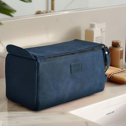 LEATHER VILLAGE Premium Leather Travel Toiletry Bag - Water-Resistant Dopp Kit for Toiletries, Large Shaving Bag & Bathroom Organizer - Gift for Men & Women - Royal Blue