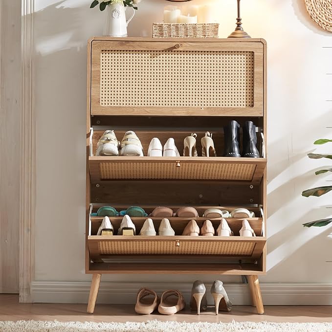Rattan Shoe Cabinet with 3 Flip Drawers, 24 Pairs Narrow Shoe Storage Cabinet for Entryway Freestanding Hidden Shoe Rack, Modern Slim Wood Shoe Organizer for Hallway, Natural