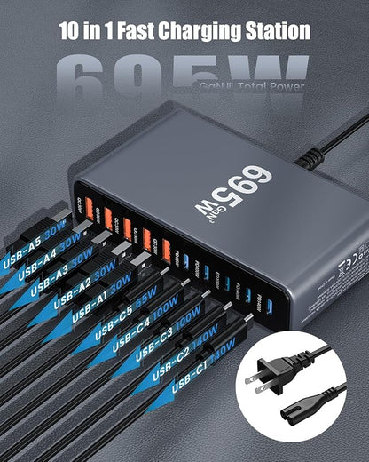 695W USB C Charger Block,10-Port USB C Charging Station GaN IV Travel Essentials Multiple Port Charging Station,100W Laptop Fast Charger Adapter for MacBook Pro/Air,DELL,iPad,iPhone,Samsung Galaxy