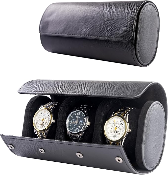 MR.OKAY 3 Watch Travel Case- Classic Leather Watch Case With Superb Texture.Portable Watch Roll Or Organizer For Storage And Display. Best Travel Gift for Men,All Handcrafted By Artisans.
