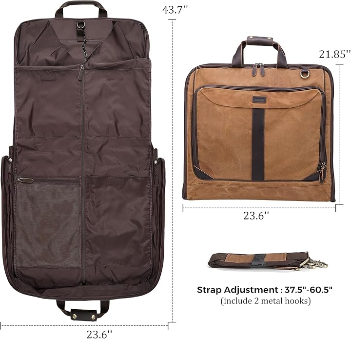 Polare Waxed Canvas Full Grain Leather Trim Garment Carry on Bag for Business Travel, Waterproof Hanging Suit Luggage Bag Wrinkle-Free Suit Cover with YKK Zipper and Shoulder Strap