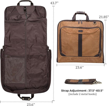 Polare Waxed Canvas Full Grain Leather Trim Garment Carry on Bag for Business Travel, Waterproof Hanging Suit Luggage Bag Wrinkle-Free Suit Cover with YKK Zipper and Shoulder Strap