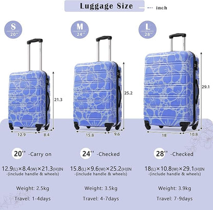 Merax Suitcase Set, Hardshell Luggage Sets 3 Piece with Spinner Wheels, Durable Printing Suitcase with TSA Lock Lightweight 20" 24" 28",Blue