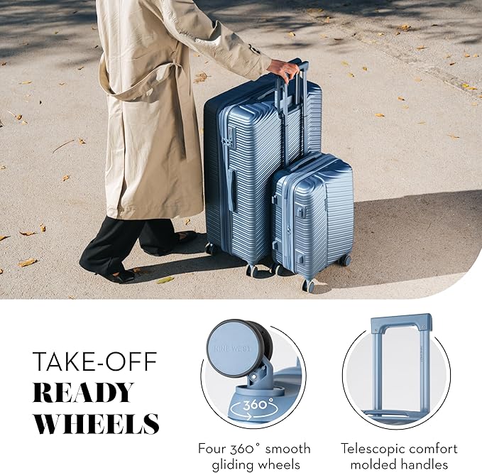 Nine West Zion 2 Piece Luggage Set for Cruise & Extended Trips, 32" Large Expandable Suitcase & 20" Smart Carry On with USB Port, Hardshell Spinners Lapis