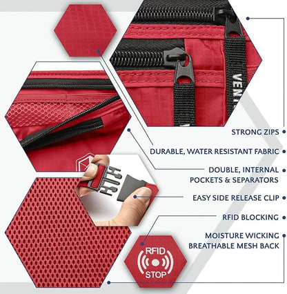 VENTURE 4TH Money Belt for Travel – Hidden Under-Clothes RFID Blocking Passport Holder & Slim Travel Wallet Pouch for Men & Women to Protect Cash, Cards & Documents (Red)