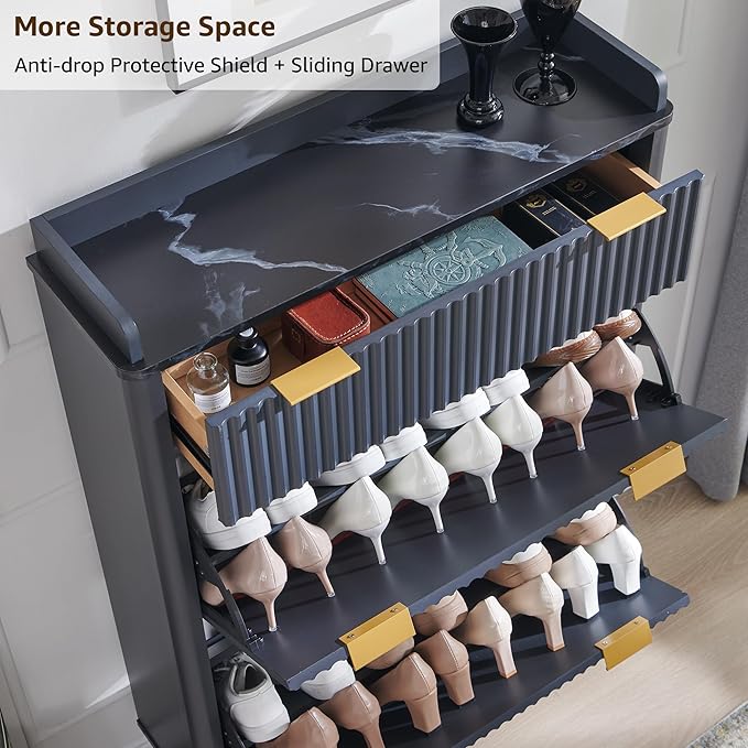 T4TREAM Fluted Shoe Storage Cabinet with 2 Flip Drawers & Top Drawer, 48" Tall Narrow Shoe Organizer, Curved Profile Design, Wooden Shoe Rack for Entryway, Hallway - Dark Grey
