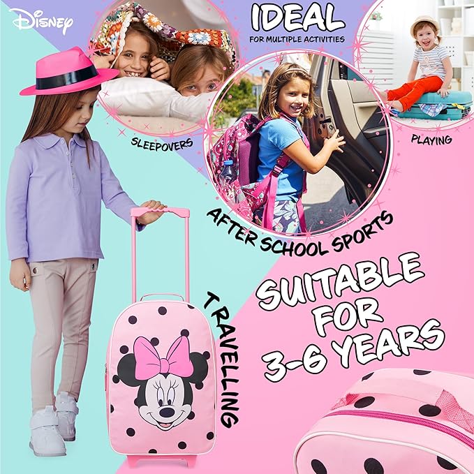 Disney Kids Rolling Luggage 16×11 in, 16‑L Carry‑On Suitcase with Wheels, Foldable Lightweight Travel Bag, Gifts for Kids (Pink Minnie)