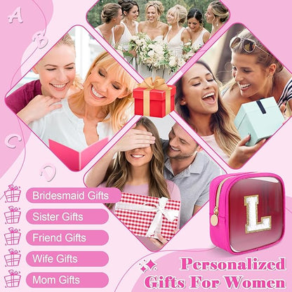 Personalized Initial Letter Clear Preppy Makeup Bag,Mini Nylon Chenille Letter Cosmetic Bag Cute Zipper Pouch Coin Purse for Teen Girls,Portable TSA Approved Travel Essentials Bag Gift for Women,L