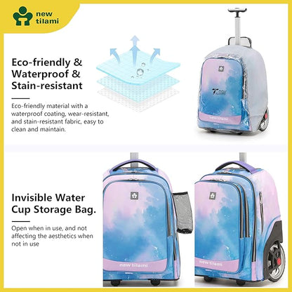 NEW TILAMI 20" Rolling Backpack for Teens Adults, Climbing Stairs Waterproof Backpack with Wheels for School Business Trave Camping with Laptop Compartment, Fit 17 Inch Laptop, Pink Sunset