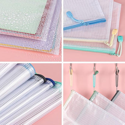 28Pcs Mesh Zipper Pouch Bags，A4 Mesh Storage Bags with Label Pocket，Waterproof Pouches for Organization School, Office & Travel，7 Colors