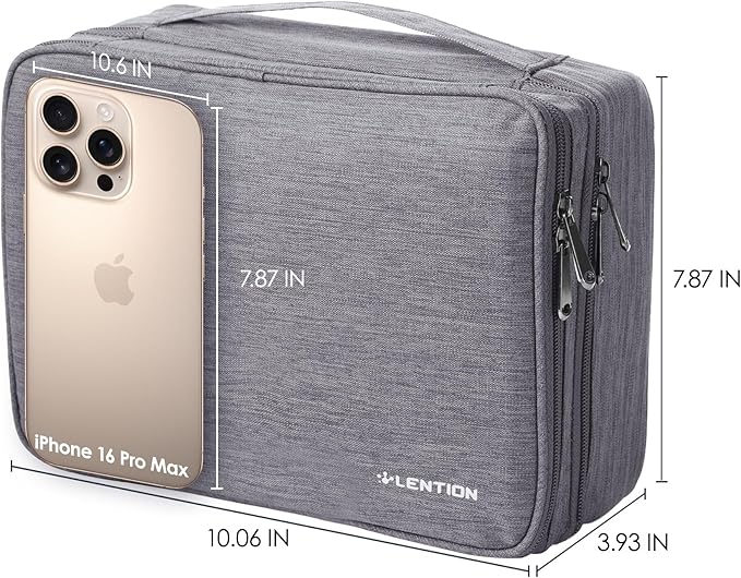 LENTION Waterproof Electronics Organizer Bag, Travel Storage Case with DIY Dividers for Cords, Charger, Power Bank, Earphones – Compact, Durable, Shockproof & Lightweight (Grey)