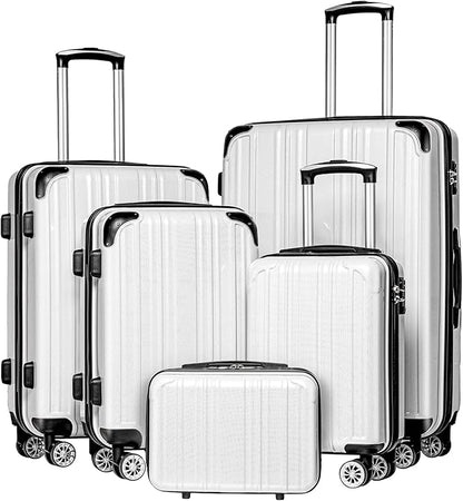 Coolife Luggage Expandable(only 28") Suitcase PC+ABS Spinner 20in 24in 28in Carry on (white grid new, 5 piece set)