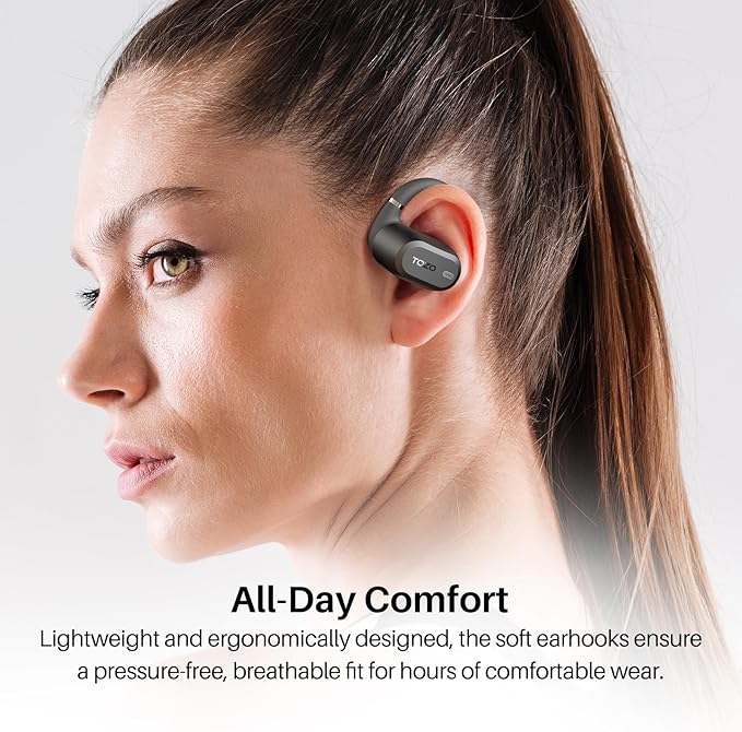 TOZO OpenWear Open Ear Headphones, Adjustable Ear Hooks, Ultra Comfort, Punchy Bass Bluetooth Headphones 5.4 with Smart Digital Display, Immersive Audio Earbuds, Stereo Bass, Fast Charging