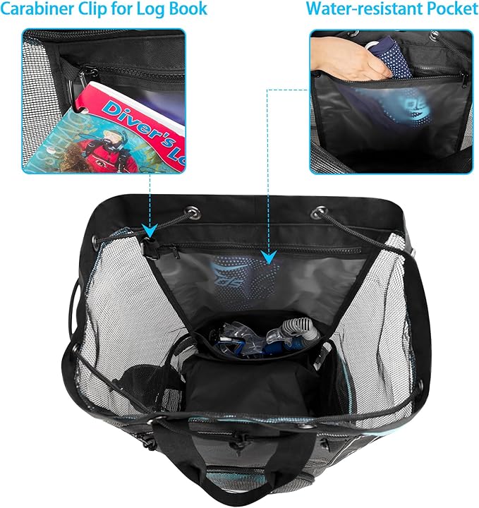 Fasrom Scuba Diving Backpack, XL Mesh Dive Bag for Snorkeling Gear, Mask, Fins, Snorkel, with Shoe Compartment and Wet & Dry Separation, Black