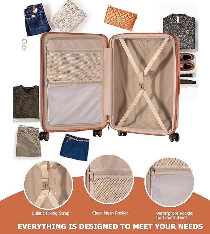 feilario 20in Hardshell Carry-On Luggage Lightweight Spinner Brake Wheels Suitcase with Zipper Closure, Airline Approved, TSA-Accepted Lock & Side Hooks (Brown (zipper closure), 20in)