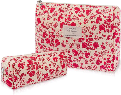 2PC Makeup Bag Set, Cute Cosmetic Bag for Women Girls, Floral Coquette Aesthetic Toiletry Bag, Travel Make Up Organizer Bag (Beverly)