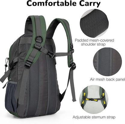 25L Small Hiking Backpack Daypack for Men Women, Waterproof Outdoor Backpack with Chest Strap for Camping, Green