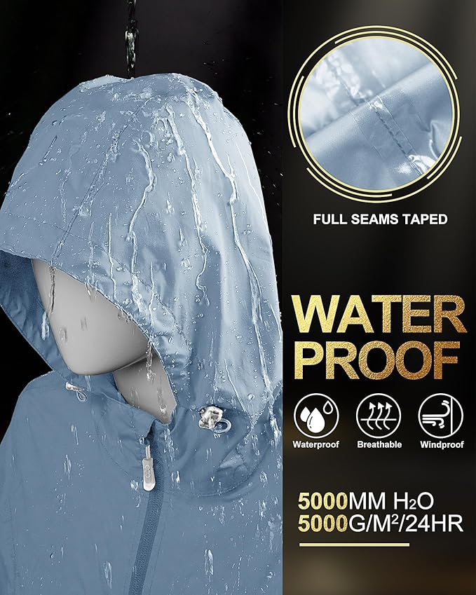 33,000ft Women's Waterproof Long Rain Coats Packable Rain Jacket with Hood Trench Coats Windbreaker