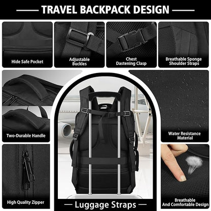 Travel Backpack, 40-50L Expandable Carry On Backpack with Cable Access Port Fits 17.3 Inch Laptop Bag,Water Resistant Weekender Bag Men Women for Business Trips, College,Hiking,Daily Commuting,Black