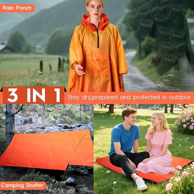 Bruvoalon 3-in-1 Rain Poncho with 1/4 Zip & Chest Pocket, Waterproof, Sunshade, Ground Mat for Adults & Youth Emergency