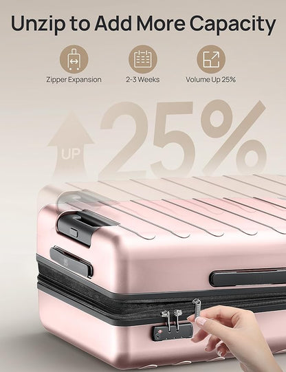 NINETYGO Luggage Sets 3 Piece, Carry On Luggage Airline Approved, Medium Large Checked Luggage with Spinner Wheels, Expandable, Hard Shell PC Suitcase Sets, TSA, 20in/24in/28in (Pink, Rhine Max)