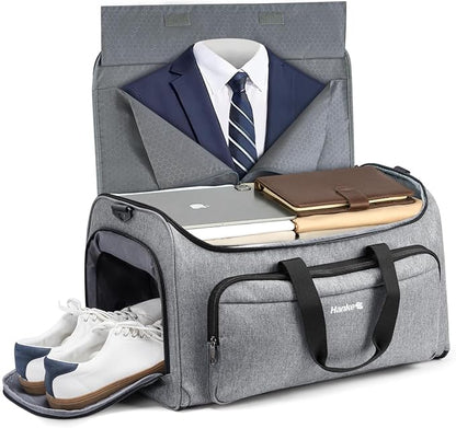 Hanke Carry on Garment Bags for Travel,Convertible Duffle Bag Luggage Bag Weekend Bag with Shoe Compartment,2 in 1 Hanging Suitcase Suit Bag for Men Women,Light Grey