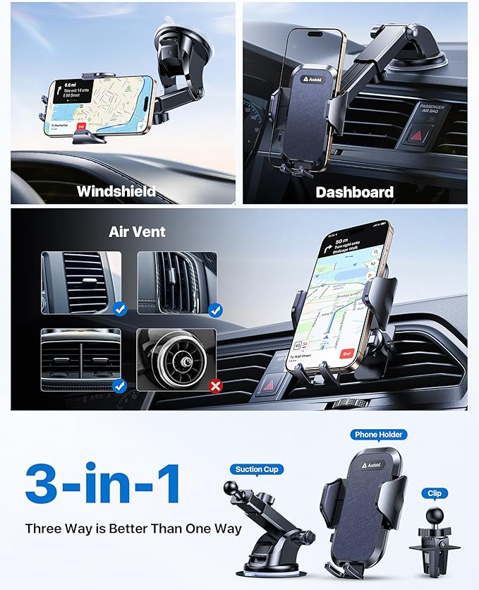 andobil Car Phone Holder, 2025 Military-Grade 89lbs Strongest Suction Phone Holders for Your Car Dashboard/Windshield/Vent Easy Clamp Cellphone Holder Truck Stand for iPhone 17 16 15 Pro Max, Blue