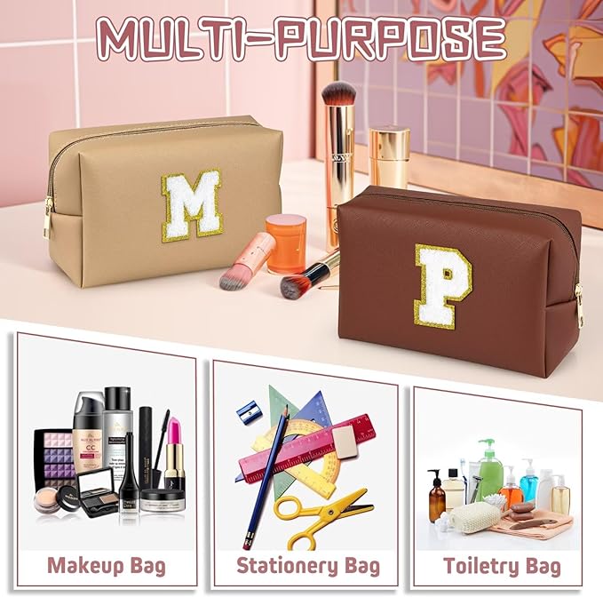 TOPEAST Preppy Bag, Monogrammed Makeup Bags with Zipper, Cute Makeup Pouch, Initial Birthday Gifts Bag for Daughter Friends Sister, Preppy Things for Girls (Brown H)