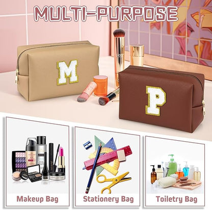 TOPEAST Preppy Stuff for Girls, Initial Makeup Bag Chenille Letter Pouch Cosmetic Bag with Zipper, PU Leather Waterproof Toiletry Bag, Cute Stuff Birthday Gift for Friends Sister (Brown T)