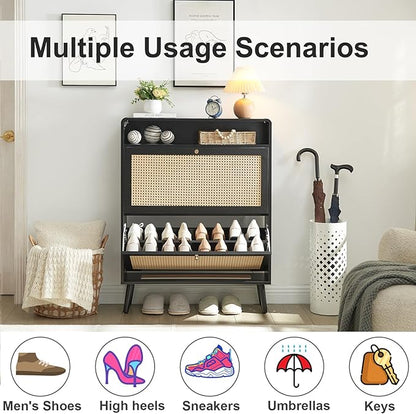 Rattan Shoe Cabinet with 2 Flip Drawers, 32 Pairs Narrow Shoe Storage Cabinet for Entryway Freestanding Hidden Shoe Rack, Modern Slim Wood Shoe Organizer for Hallway, Black