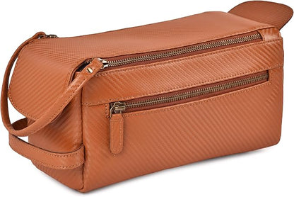 LEATHER VILLAGE Premium Carbon Fiber Genuine Leather Travel Toiletry Bag - Large Dopp Kit, Water-Resistance Bathroom Kit & Shaving Organizer for Men & Women - Tan