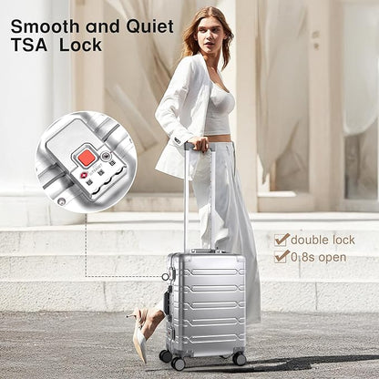 All Aluminum 24 Inch Check In Luggage Hard Shell Suitcases with Spinner Wheels and TSA Lock, Checked Medium Suitcase (Silvery)
