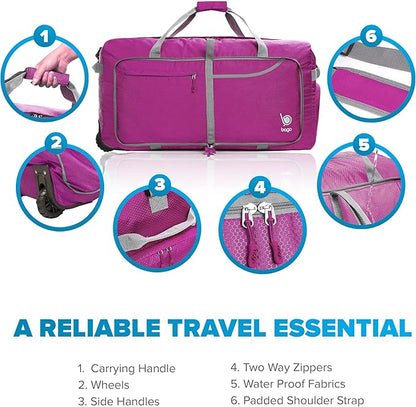 Bago Rolling Duffle Bag with Wheels - 30" 100L Foldable Weekender Bag, Waterproof Travel Duffel Bag, Heavy Duty Lightweight Duffle Bag for Traveling, Rolling Duffel Bag with Wheels (Pink2023)