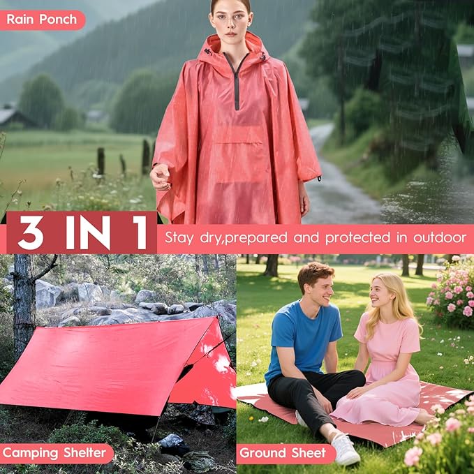 Bruvoalon 3-in-1 Rain Poncho with 1/4 Zip & Chest Pocket, Waterproof, Sunshade, Ground Mat for Adults & Youth Emergency