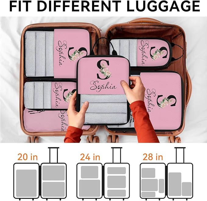 Custom Name 6 Set Compression Packing Cubes for Travel Accessories Customized Expandable Packing Organizers Personalized Carry On Essentials Luggage Bags, Initial